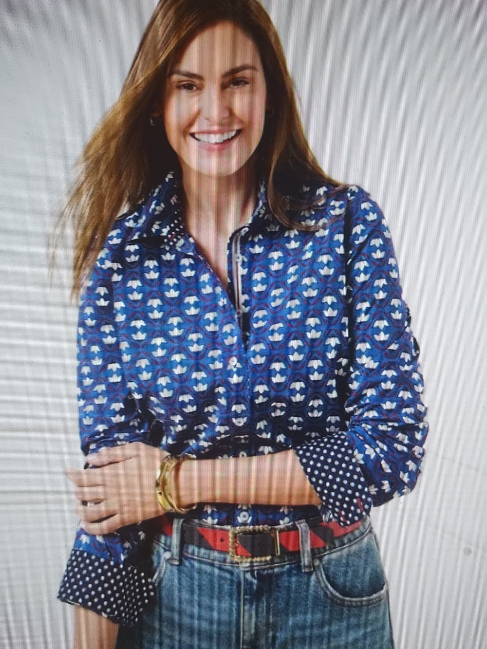 Talbots Blue Printed Button-Up Shirt with Polka Dot Cuffs